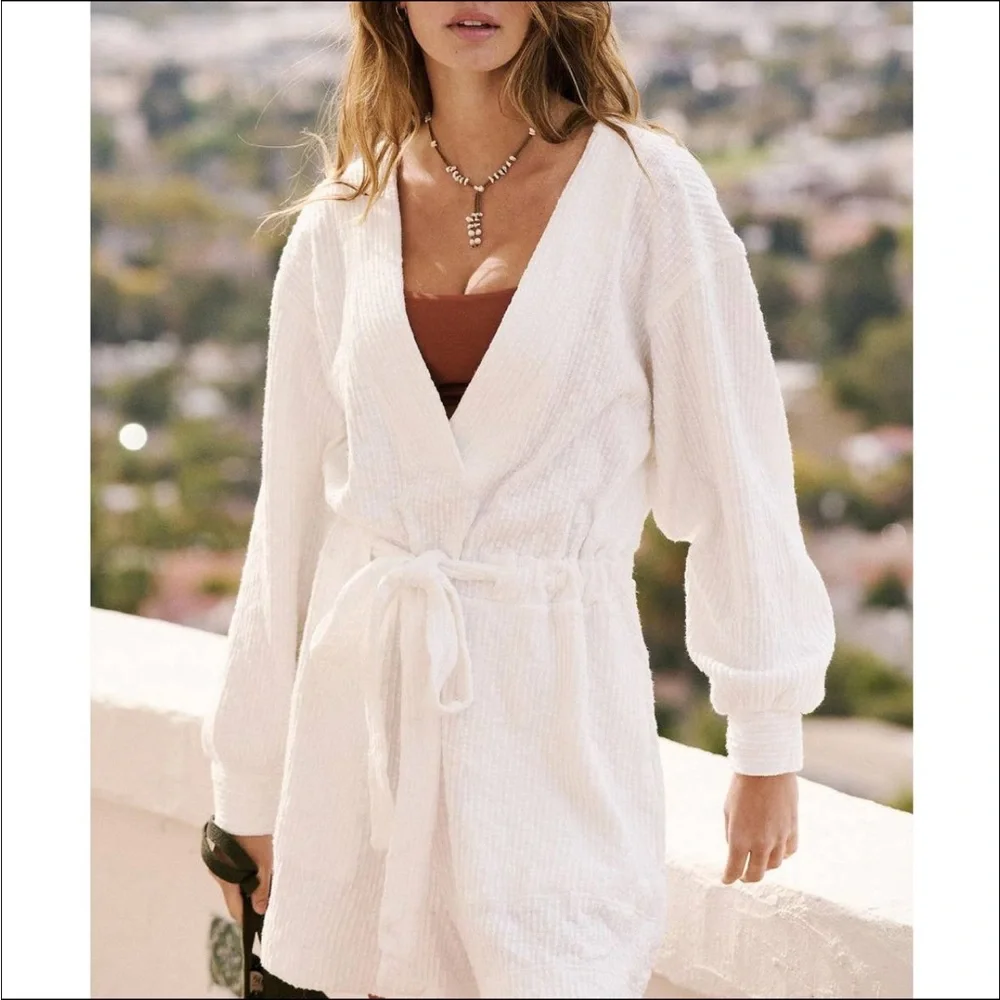 Free People Beach Greta Textured Plunge Tie Waistband Romper White Women's XS